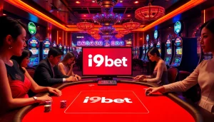 i9bet players engaging at a luxurious poker table with colorful chips and online casino atmosphere.