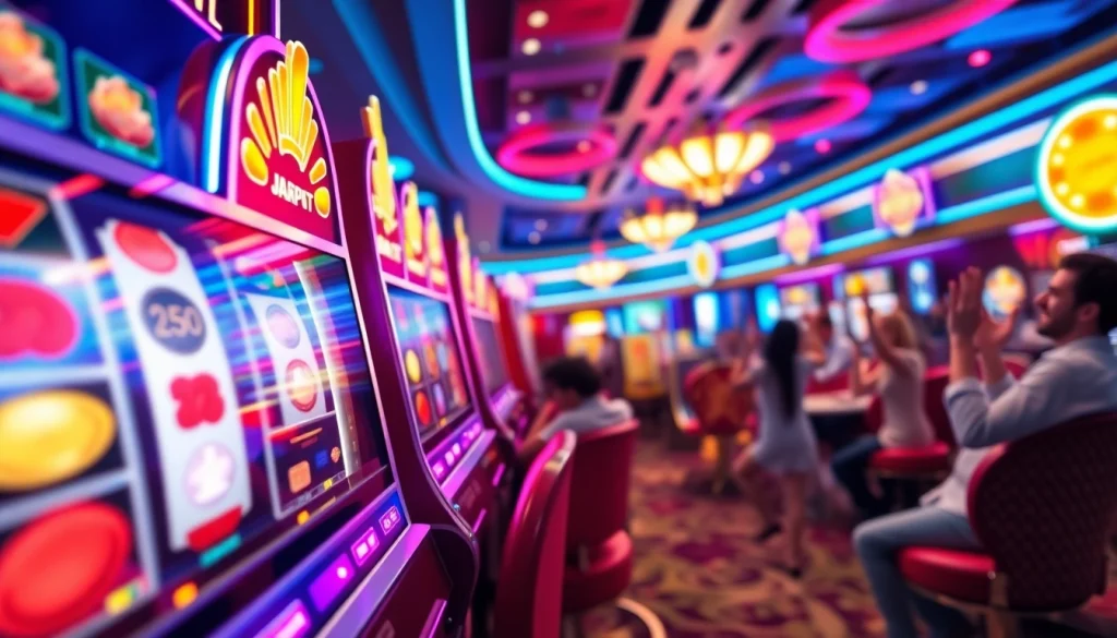 Menyenangkan pengalaman bermain yuyu4d slot dengan mesin slot dan pemain yang bersuka cita.