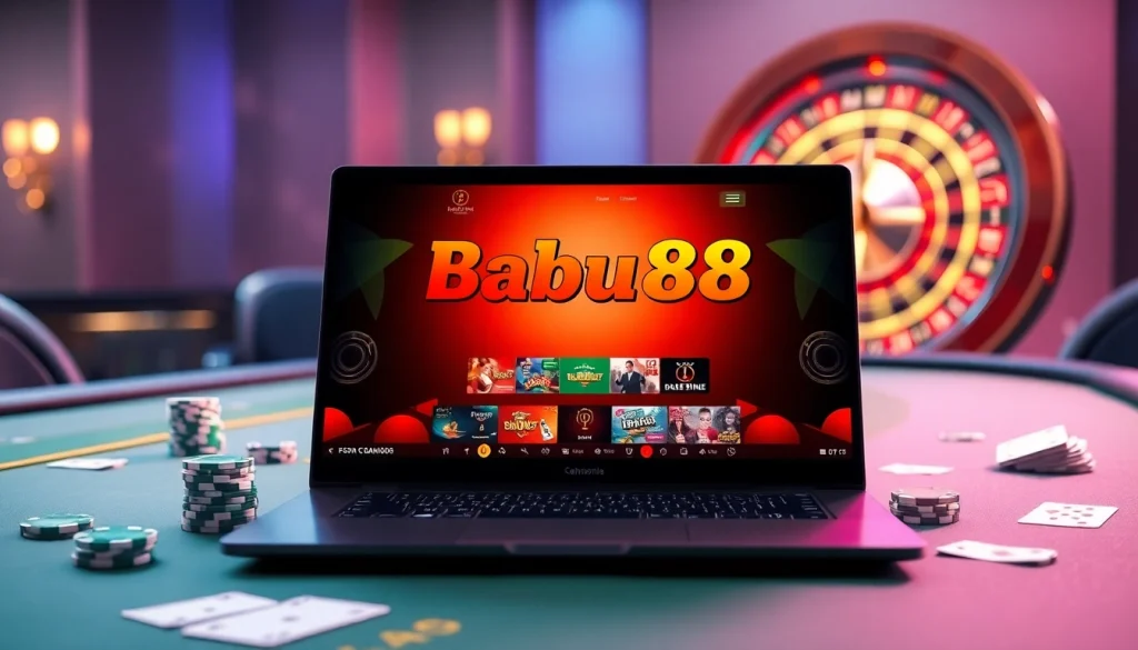 Babu88 online gaming interface showcased on a luxury gaming laptop surrounded by poker chips and cards.