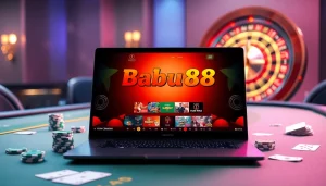 Babu88 online gaming interface showcased on a luxury gaming laptop surrounded by poker chips and cards.