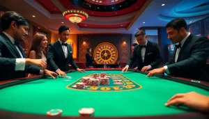 Exciting view of the MM 88 casino scene featuring a vibrant poker table, professional dealers, and glowing slot machines.