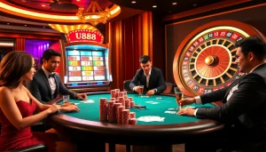 Experience the thrill of U888 with a luxurious casino scene featuring high-stakes poker and vibrant slot machines.