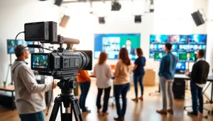 Engaging corporate video production team collaborating on a project in a bright studio.