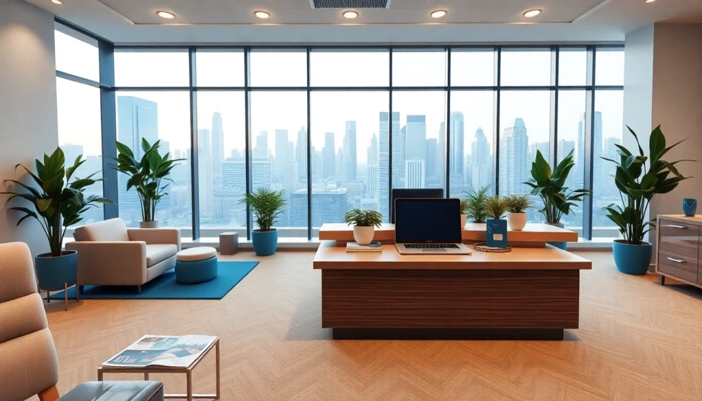 Engaging real estate office scene showcasing an inviting space filled with modern decor and city views.
