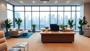 Engaging real estate office scene showcasing an inviting space filled with modern decor and city views.