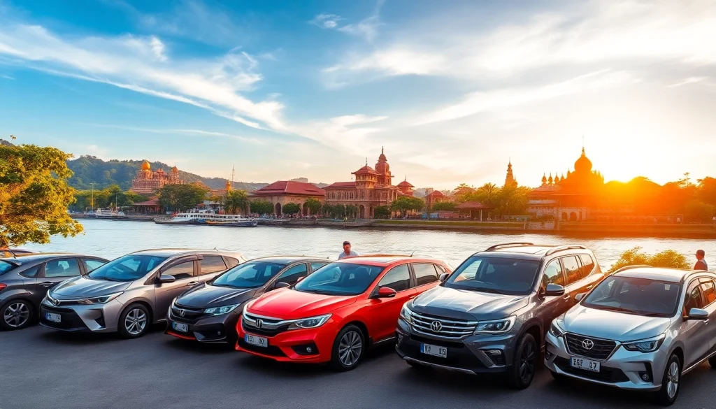 Kuching car hire options by a scenic riverside with diverse vehicles in a vibrant travel landscape.