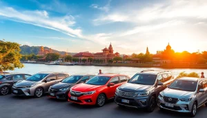 Kuching car hire options by a scenic riverside with diverse vehicles in a vibrant travel landscape.
