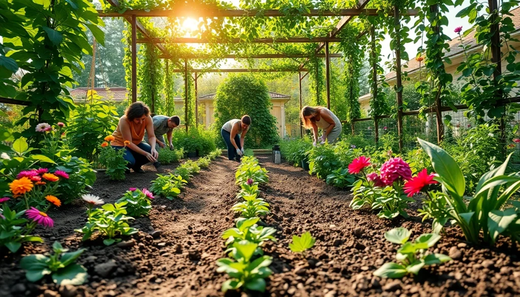 Gardening in a vibrant community garden where gardeners nurture a diverse array of plants.