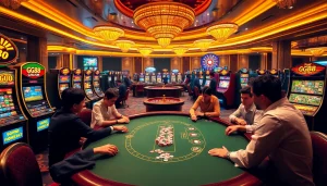 Experience the thrill of gambling at GG88, featuring vibrant slot machines and an exciting poker table.