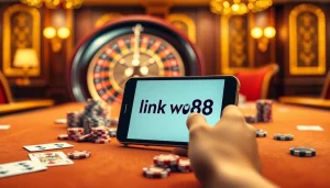 Engaging gambling scene featuring the "link vao w88" interface on a mobile device at a luxurious casino.