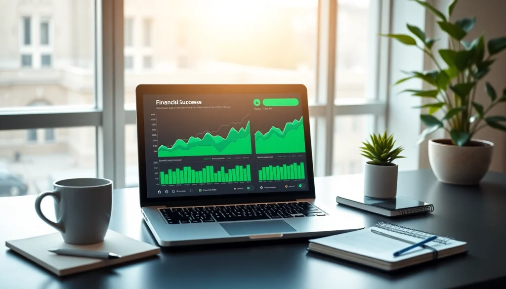 Financial workspace illustrating success with BOX138 branding and vibrant growth charts.