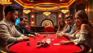 Experience thrilling poker action at New66 with vibrant chips and focused players in an elegant casino.