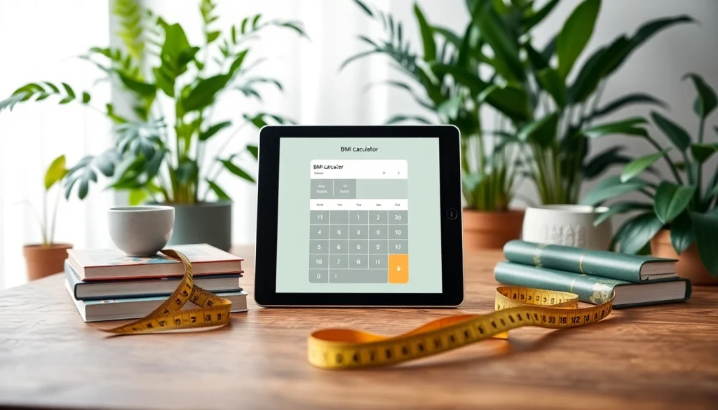Interactive bmi calculator displayed on a tablet among health-oriented props in a calming wellness environment.