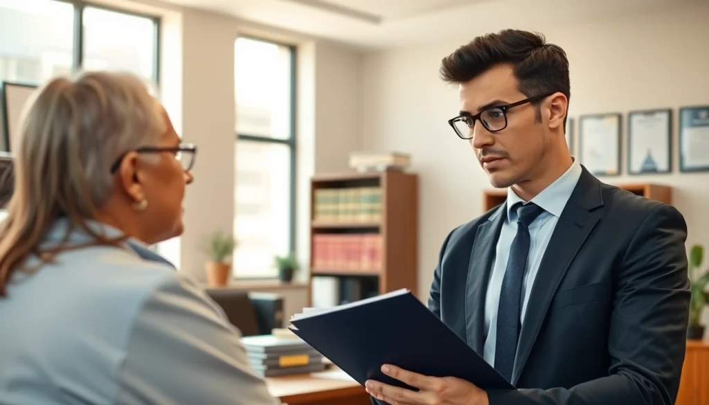 Consultation at https://www.pwdlawfirm.com between a personal injury lawyer and a client in professional office.