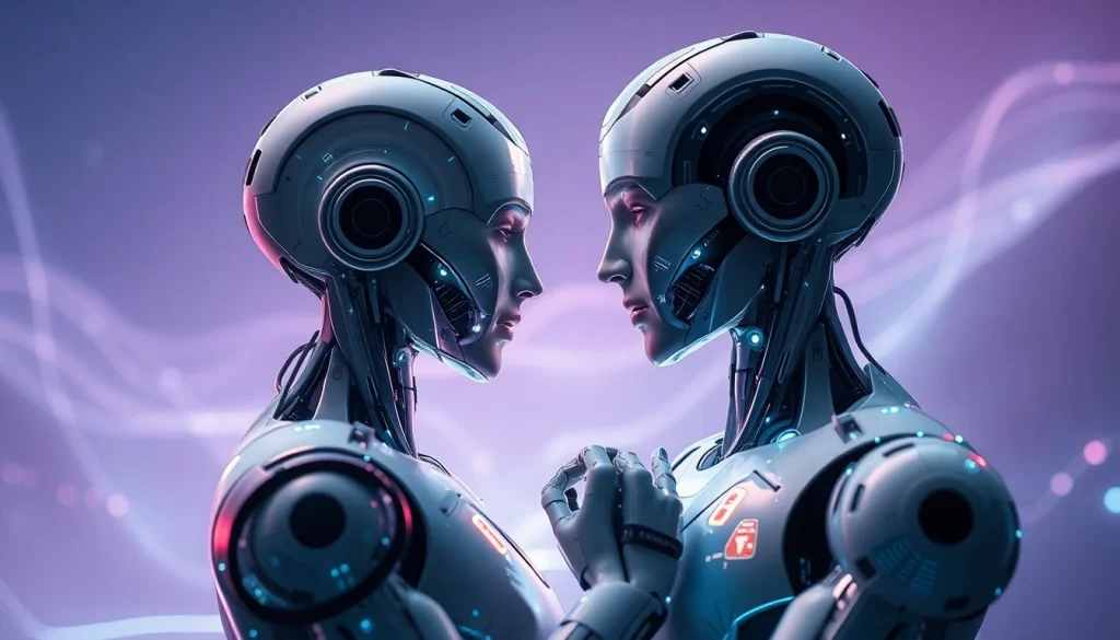 AI sex robots in a futuristic setting evoking intimacy and technology.