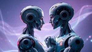 AI sex robots in a futuristic setting evoking intimacy and technology.