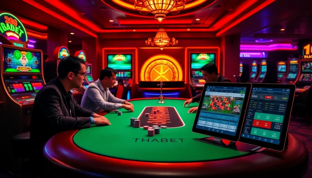 Engaged players at a THABET poker table in a luxurious casino setting.