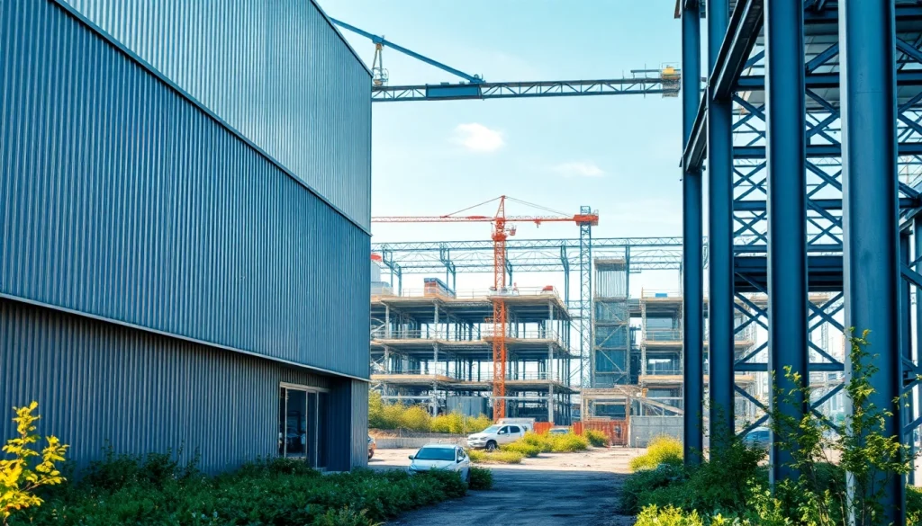 Innovative steel structure design set against a vibrant industrial backdrop with active construction site.
