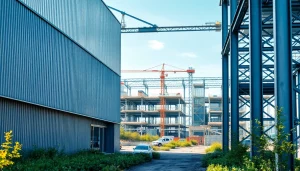 Innovative steel structure design set against a vibrant industrial backdrop with active construction site.