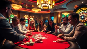 Players enjoying a thrilling poker game at 123b Casino, filled with chips and excitement.