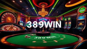 Experience the thrill of gambling with 389WIN at an upscale casino featuring tables and slot machines.