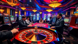 Para pemain menikmati putaran seru Obral Toto di sebuah kasino yang meriah, menampilkan permainan roulette dan mesin slot.