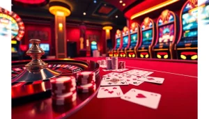 A dynamic casino scene featuring roulette, cards, and poker chips from https://luck8.name/ that captures the excitement of gambling.