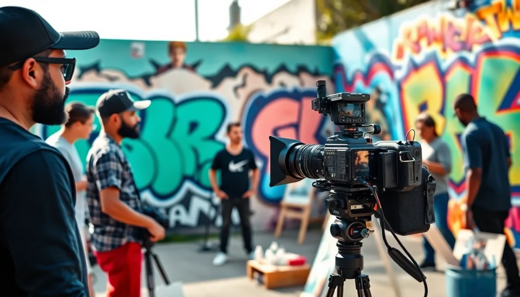 Engaging Phoenix videographer filming a collaborative art project in a vibrant outdoor setting.