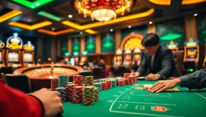 Engage with NK88's vibrant casino atmosphere, showcasing poker tables and roulette wheels.