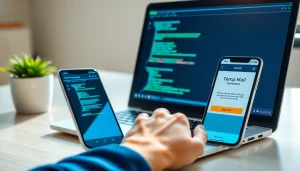 Generating temp mail free temporary email on a laptop and smartphone in a modern workspace setting.