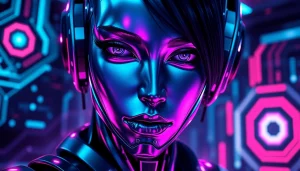 Futuristic NSFW AI character showcasing advanced design and allure in a cyberpunk setting