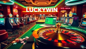 Experience the thrilling LUCKYWIN casino atmosphere with vibrant slot machines and roulette excitement.