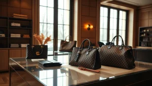 레플리카사이트에서 제공하는 고퀄리티 명품 핸드백을 진열한 우아한 부티크.
