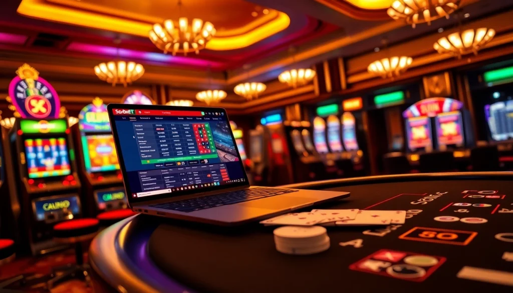 Experience Sbobet betting with vibrant casino tables and engaging gaming elements.