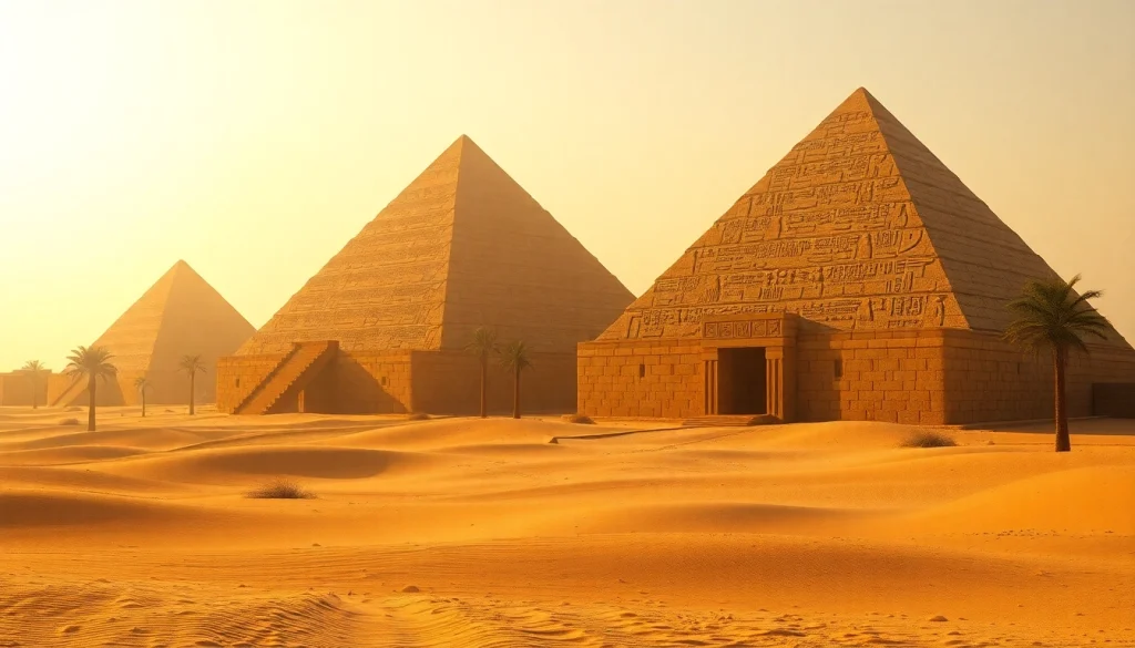 View of ancient pyramids showcasing iconic features and historical texture amid a desert backdrop.