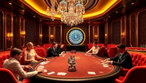 Luxurious atmosphere at Clube VIP HHBET's casino, featuring high-stakes gaming tables and elegant players.