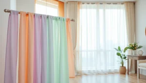 Mooi opgehangen voile stoffen die het licht prachtig filteren in een stijlvolle woonkamer.