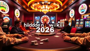 Players strategize over poker chips at a vibrant casino table while 'hidden wiki 2026' integrates into the digital interface.