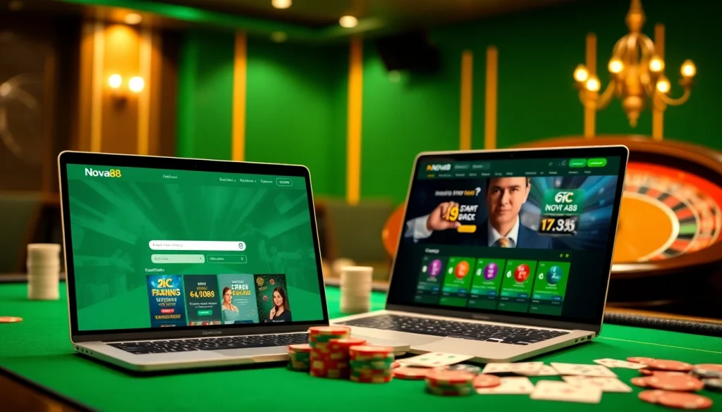 Engaging scene of the trang chủ nova88 interface alongside a poker table, showcasing a vibrant casino atmosphere.