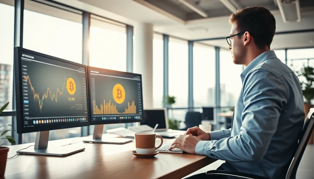 Achetez bitcoin dans un environnement de bureau moderne, avec un expert financier analysant des tendances.