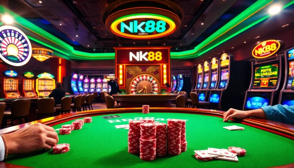 Experience the thrill of NK88 at a luxurious casino with poker chips and slot machines.