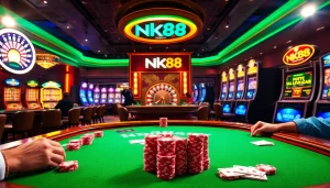 Experience the thrill of NK88 at a luxurious casino with poker chips and slot machines.