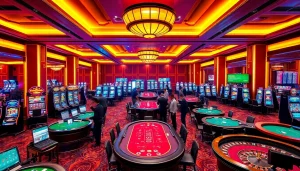 Exciting scene of vibrant gaming tables and slot machines at trang chủ thabet casino.
