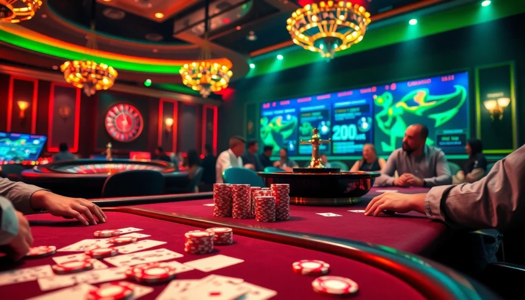 Exciting poker game scene emphasizing רמי אונליין with vibrant casino elements and players engaged.