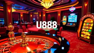 Experience thrilling gaming excitement at U888 with a vibrant casino environment showcasing roulette, poker and slots.