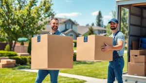 Long distance movers Calgary expertly handling relocation boxes during a home move.