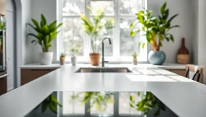 Showcase Porcelain Worktops in a modern kitchen setting with sleek design and natural lighting.