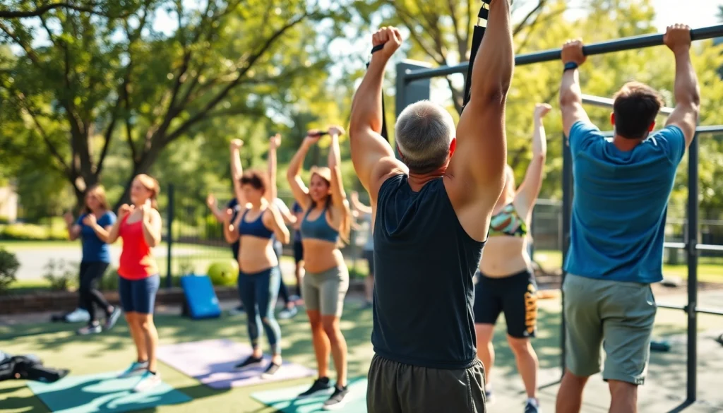 Dynamic outdoor gym scene using a pull-up assist band, showcasing fitness enthusiasts in action.