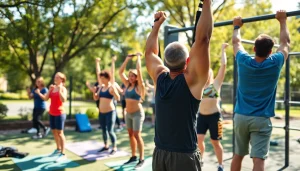 Dynamic outdoor gym scene using a pull-up assist band, showcasing fitness enthusiasts in action.