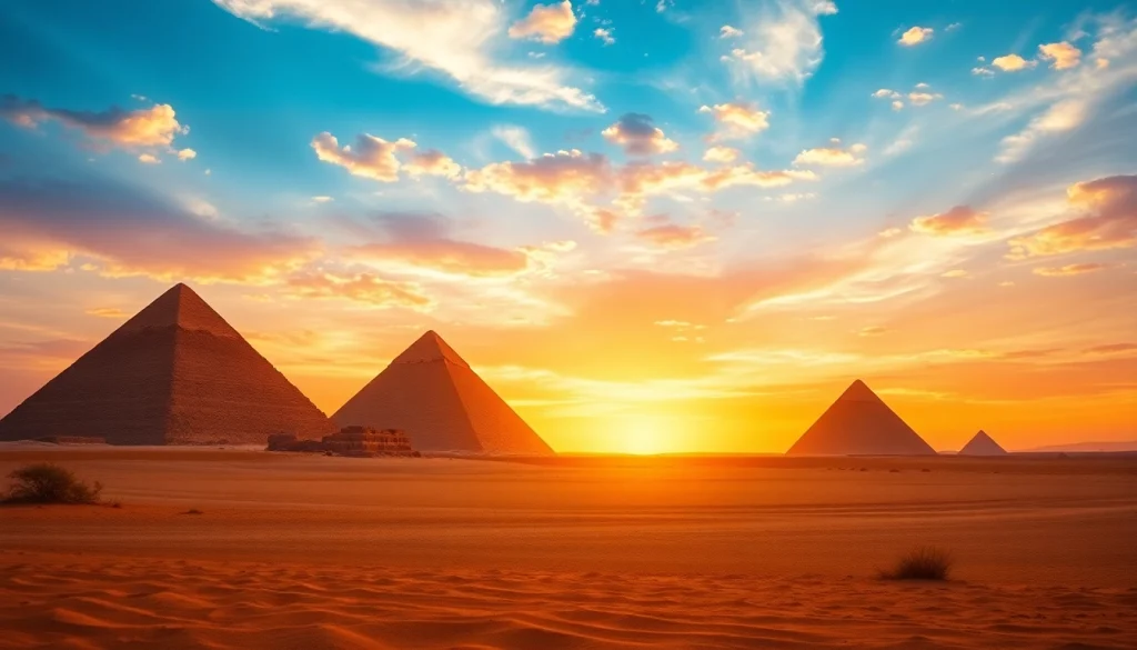 Pyraminds standing majestically at sunset, showcasing their ancient beauty against a vibrant sky.
